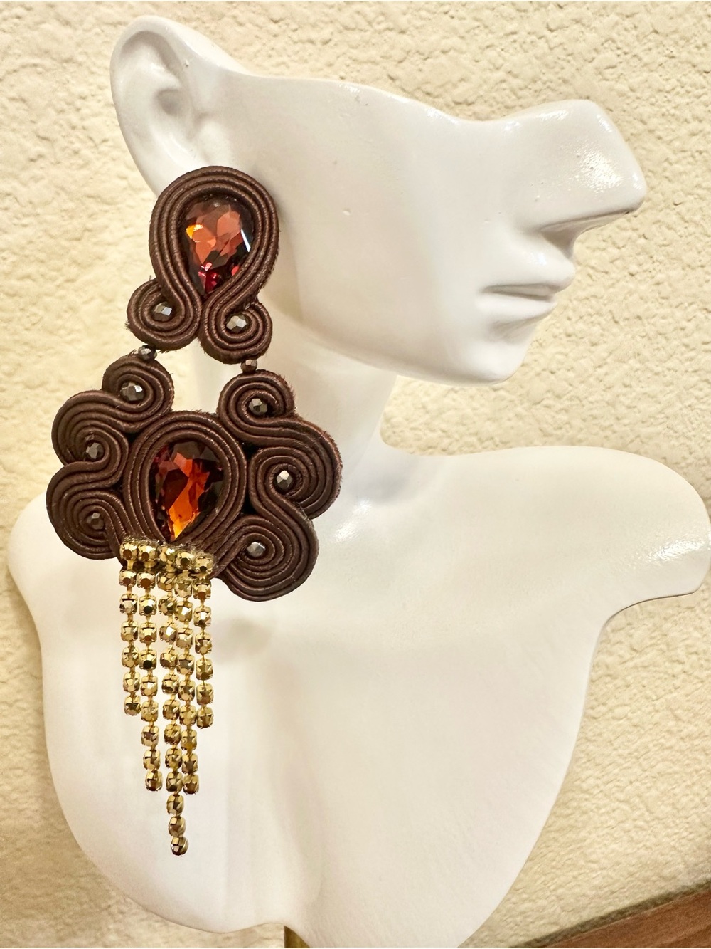 Handmade Chocolate Brown & Gold Soutache Statement Earrings with Amber Crystal
